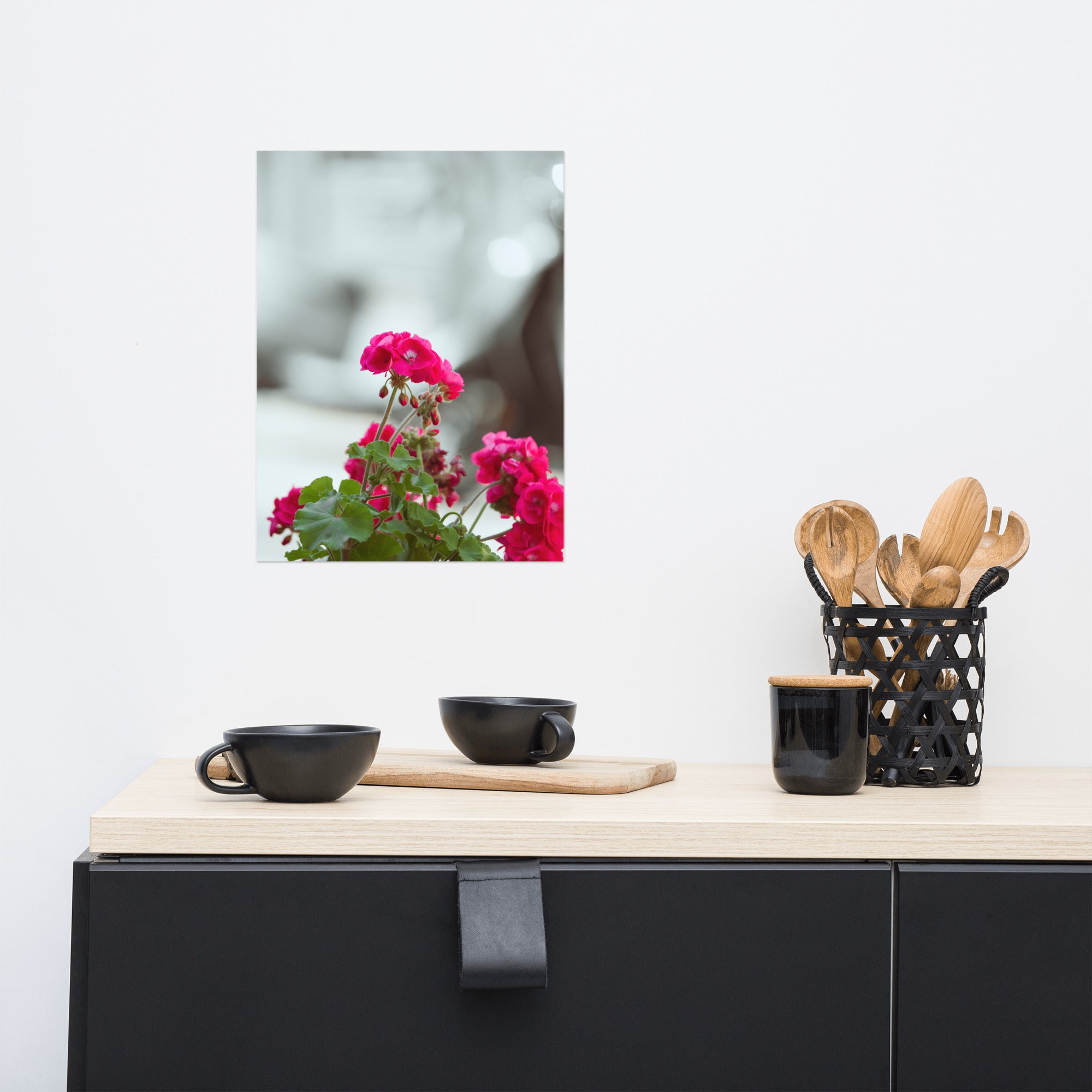 Poster 'Géraniums' présentant une photographie détaillée de géraniums en pleine floraison.