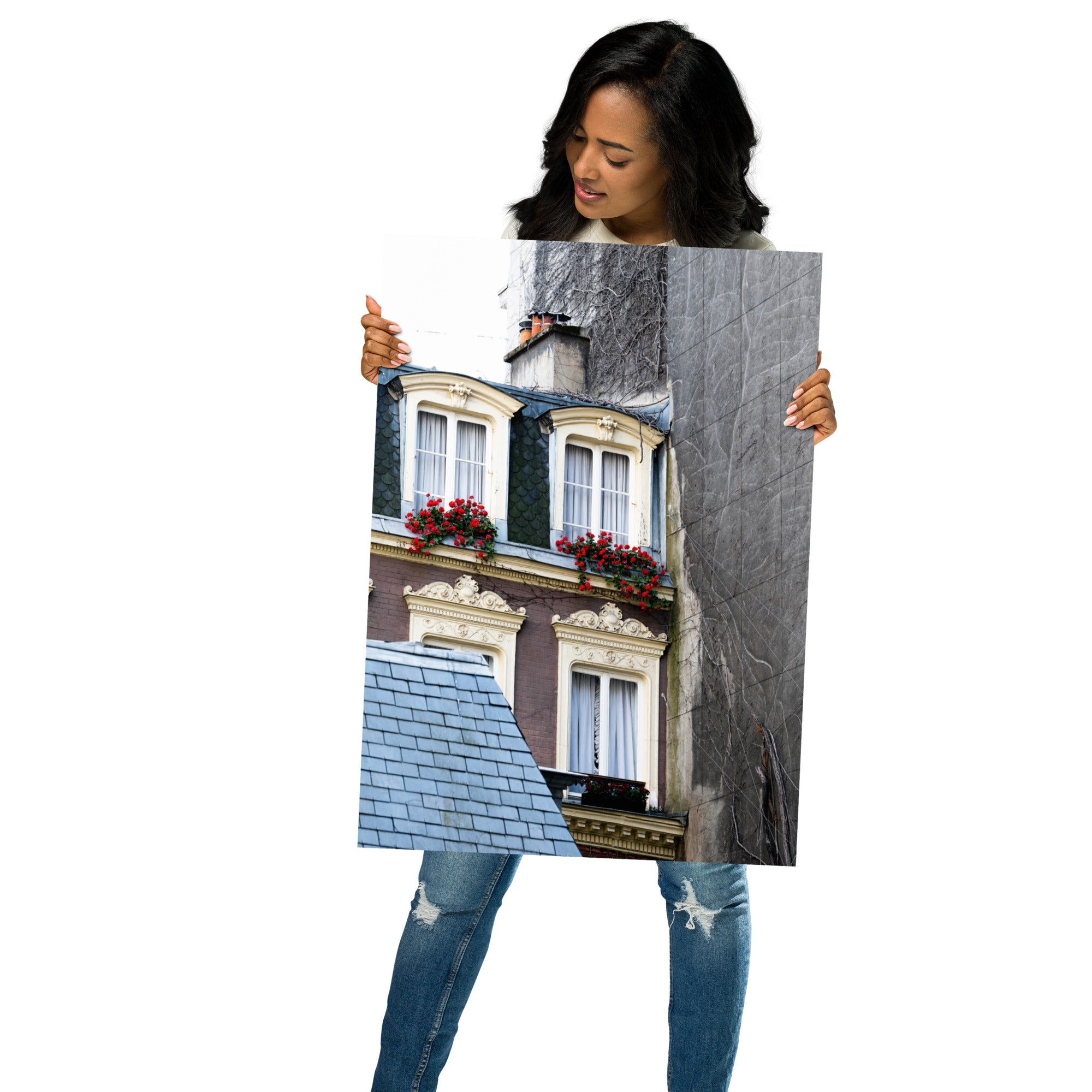 Poster 'Paris' montrant une fenêtre parisienne ornée de jolies roses.