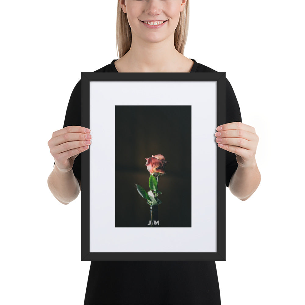 Poster 'Fleur en bouteille' de Julien Arnold, illustrant une délicate fleur rose rouge, gracieusement positionnée dans une bouteille en verre, symbolisant l'épure et la beauté tranquille dans un art mural minimaliste.