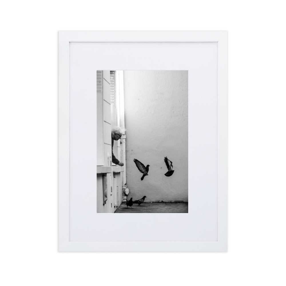 Poster noir et blanc d'une dame nourrissant les pigeons à Paris