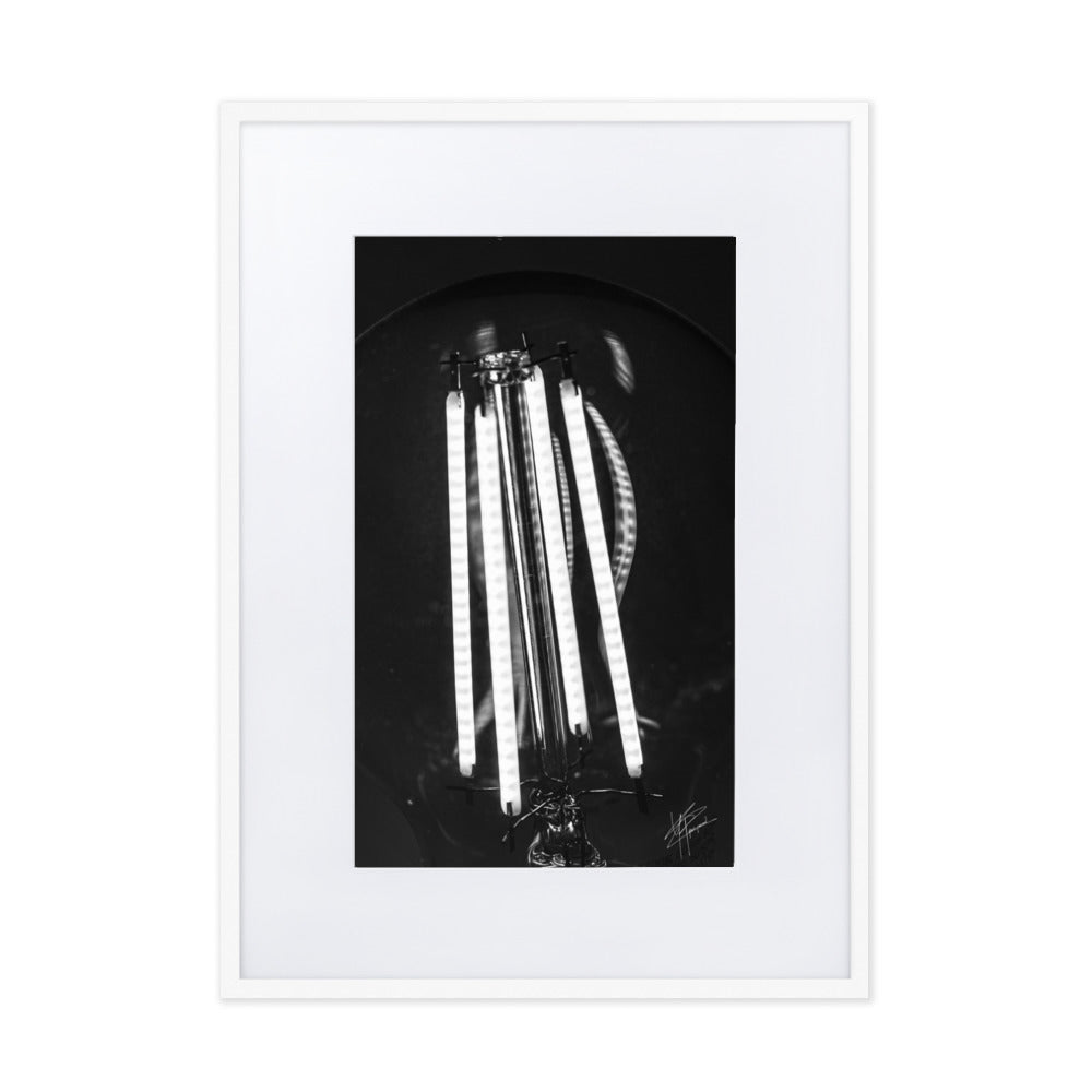 Photographie en gros plan d'une ampoule allumée en noir et blanc, où les filaments brillent de manière éclatante sur un fond sombre, encapsulant la beauté dans la simplicité.