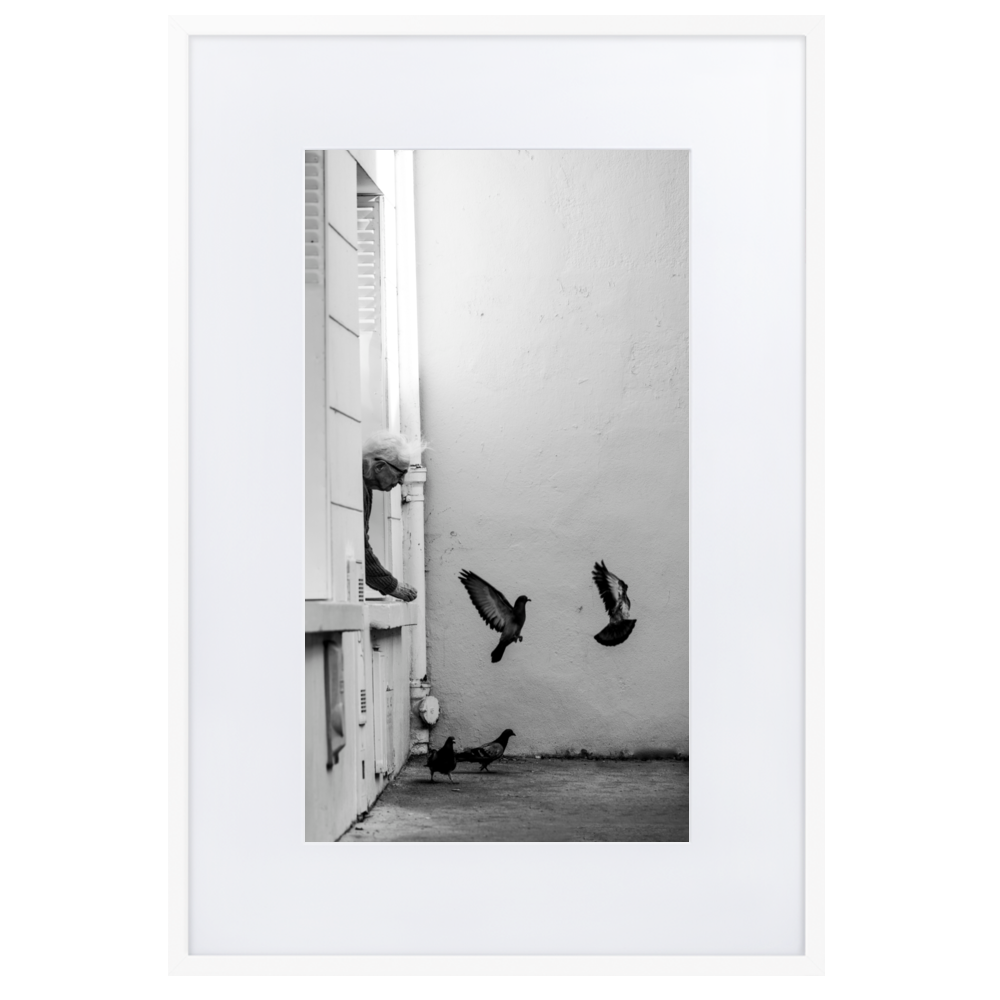 Poster noir et blanc d'une dame nourrissant les pigeons à Paris